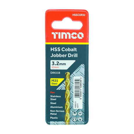 This is an image showing TIMCO Ground Jobber Drills - Cobalt M35 - 3.2mm - 1 Each Wallet available from T.H Wiggans Ironmongery in Kendal, quick delivery at discounted prices.