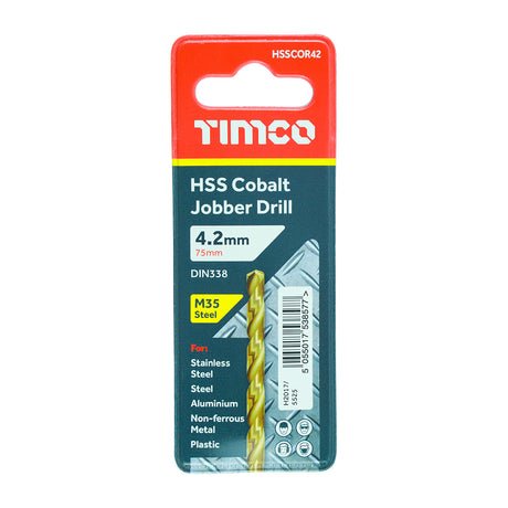 This is an image showing TIMCO Ground Jobber Drills - Cobalt M35 - 4.2mm - 1 Each Wallet available from T.H Wiggans Ironmongery in Kendal, quick delivery at discounted prices.
