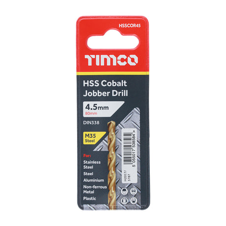 This is an image showing TIMCO Ground Jobber Drills - Cobalt M35 - 4.5mm - 1 Each Wallet available from T.H Wiggans Ironmongery in Kendal, quick delivery at discounted prices.