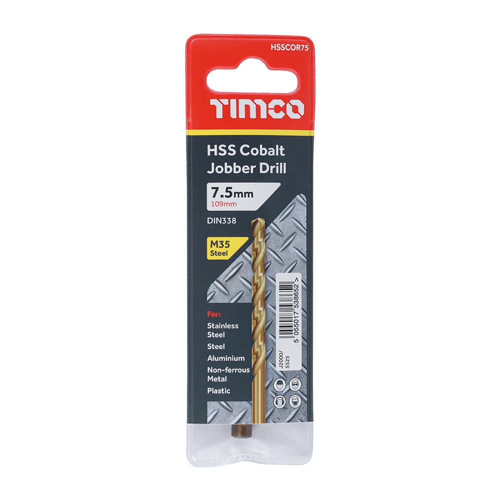 This is an image showing TIMCO Ground Jobber Drills - Cobalt M35 - 7.5mm - 1 Each Wallet available from T.H Wiggans Ironmongery in Kendal, quick delivery at discounted prices.