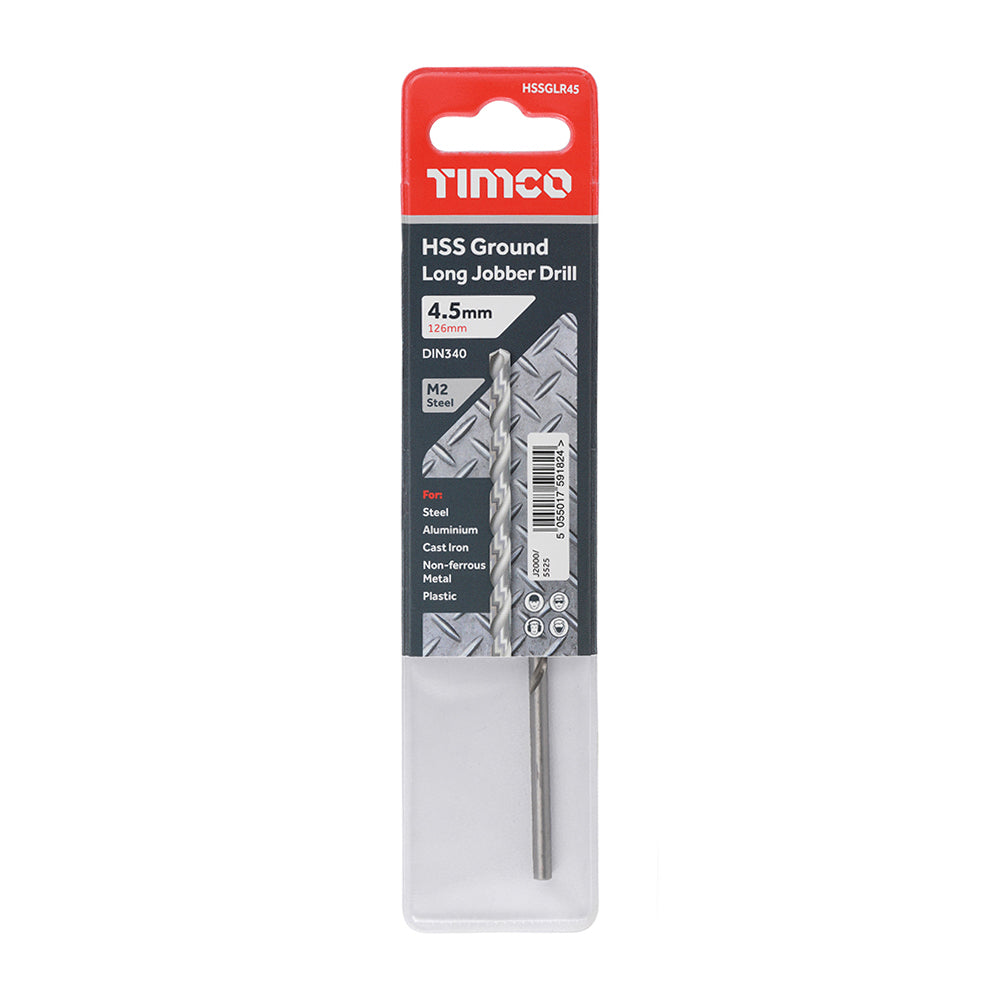 This is an image showing TIMCO Ground Long Jobber Drills - HSS M2 - 4.5mm - 1 Each Wallet available from T.H Wiggans Ironmongery in Kendal, quick delivery at discounted prices.