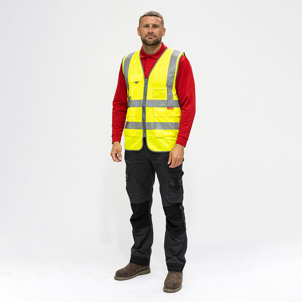 This is an image showing TIMCO Hi-Visibility Executive Vest - Yellow - Medium - 1 Each Bag available from T.H Wiggans Ironmongery in Kendal, quick delivery at discounted prices.