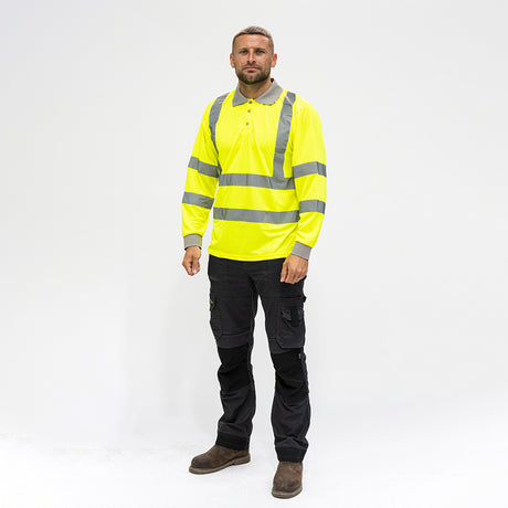 This is an image showing TIMCO Hi-Visibility Polo Shirt - Long Sleeve - Yellow - Medium - 1 Each Bag available from T.H Wiggans Ironmongery in Kendal, quick delivery at discounted prices.