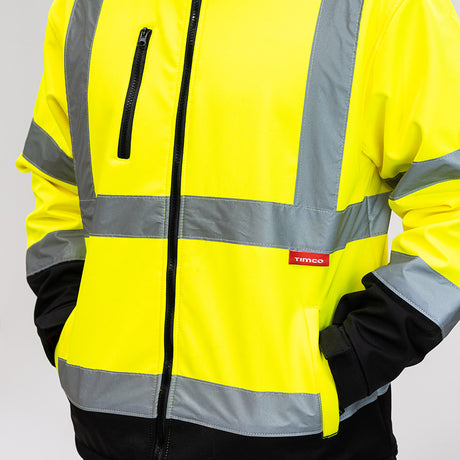 This is an image showing TIMCO Hi-Visibility Softshell Jacket - Yellow - XXXX Large - 1 Each Bag available from T.H Wiggans Ironmongery in Kendal, quick delivery at discounted prices.