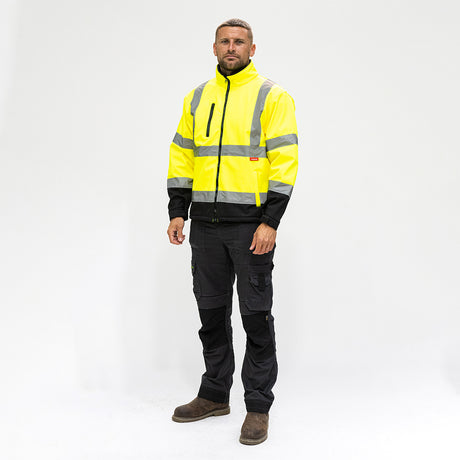This is an image showing TIMCO Hi-Visibility Softshell Jacket - Yellow - Medium - 1 Each Bag available from T.H Wiggans Ironmongery in Kendal, quick delivery at discounted prices.