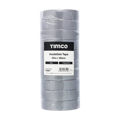 This is an image showing TIMCO PVC Insulation Tape - Grey - 25m x 18mm - 10 Pieces Roll Pack available from T.H Wiggans Ironmongery in Kendal, quick delivery at discounted prices.