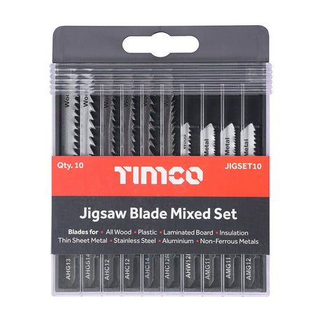 This is an image showing TIMCO Mixed Jigsaw Set - Wood & Metal Cutting - High Carbon Steel & HSS Blades - Mixed - 10 Pieces Case available from T.H Wiggans Ironmongery in Kendal, quick delivery at discounted prices.