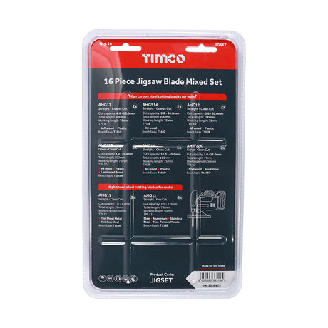 This is an image showing TIMCO Mixed Jigsaw Set - Wood & Metal Cutting - HSS Blades - Mixed - 16 Pieces Blister Pack available from T.H Wiggans Ironmongery in Kendal, quick delivery at discounted prices.