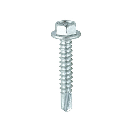 This is an image showing TIMCO Metal Construction Light Section Screws - Hex - Self-Drilling - Exterior - Silver Organic - 5.5 x 32 - 100 Pieces Box available from T.H Wiggans Ironmongery in Kendal, quick delivery at discounted prices.