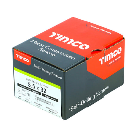 This is an image showing TIMCO Metal Construction Light Section Screws - Hex - Self-Drilling - Exterior - Silver Organic - 5.5 x 32 - 100 Pieces Box available from T.H Wiggans Ironmongery in Kendal, quick delivery at discounted prices.