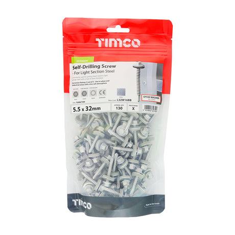 This is an image showing TIMCO Metal Construction Light Section Screws - Hex - EPDM Washer - Self-Drilling - Exterior - Silver Organic - 5.5 x 32 - 130 Pieces TIMbag available from T.H Wiggans Ironmongery in Kendal, quick delivery at discounted prices.
