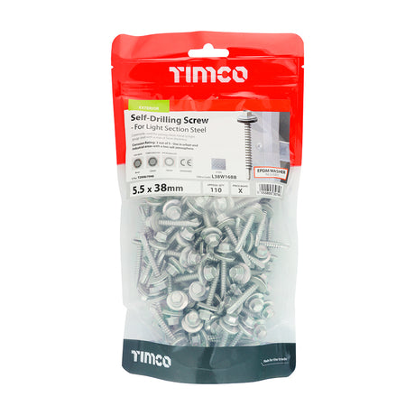 This is an image showing TIMCO Metal Construction Light Section Screws - Hex - EPDM Washer - Self-Drilling - Exterior - Silver Organic - 5.5 x 38 - 110 Pieces TIMbag available from T.H Wiggans Ironmongery in Kendal, quick delivery at discounted prices.