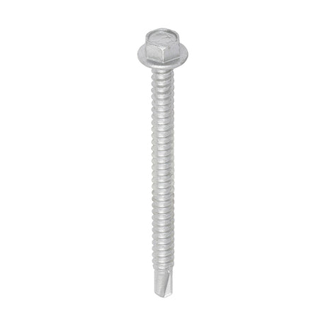 This is an image showing TIMCO Metal Construction Light Section Screws - Hex - Self-Drilling - Exterior - Silver Organic - 5.5 x 70 - 100 Pieces Box available from T.H Wiggans Ironmongery in Kendal, quick delivery at discounted prices.