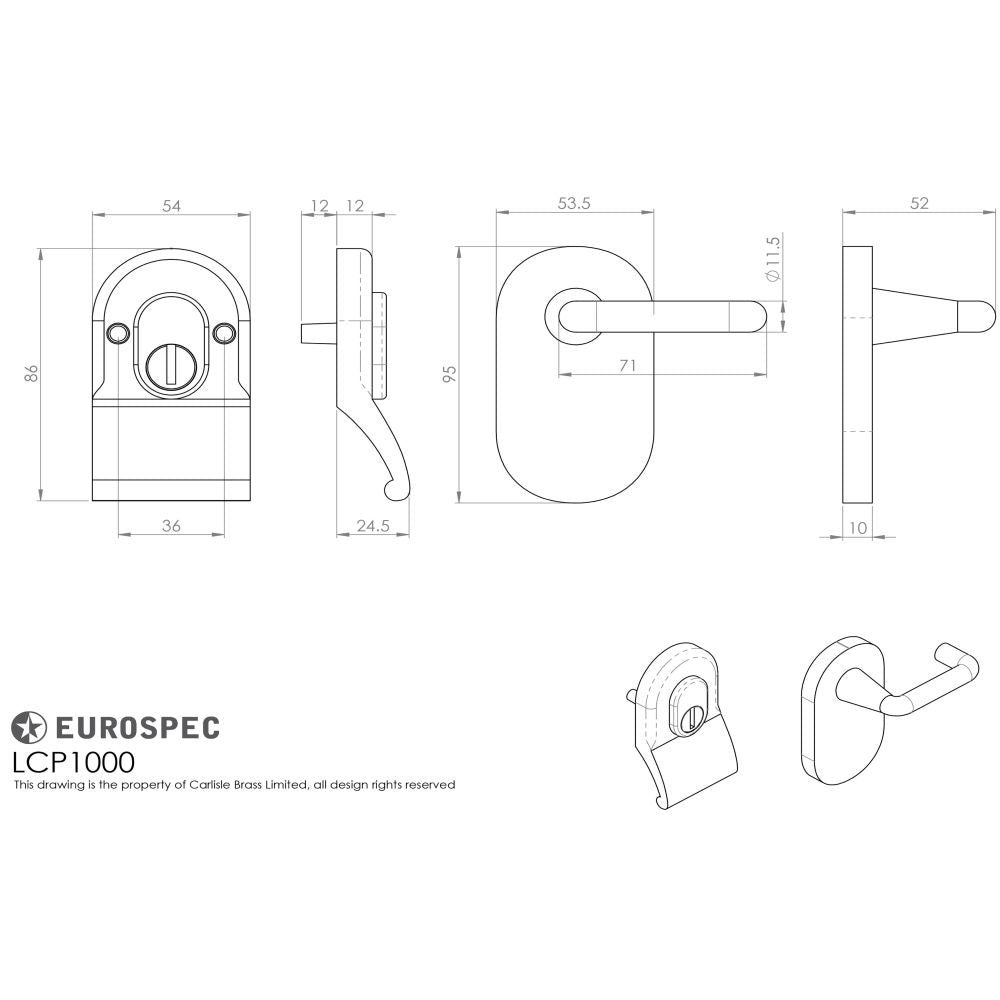 This image is a line drwaing of a Eurospec - Security Cylinder Pull with Mini Lever - Satin Chrome available to order from Trade Door Handles in Kendal