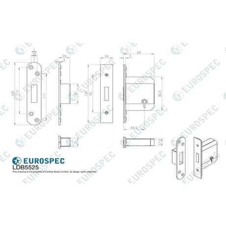 This image is a line drwaing of a Eurospec - Easi T 5 Lever BS Deadlock 64mm - SSS available to order from T.H Wiggans Architectural Ironmongery in Kendal