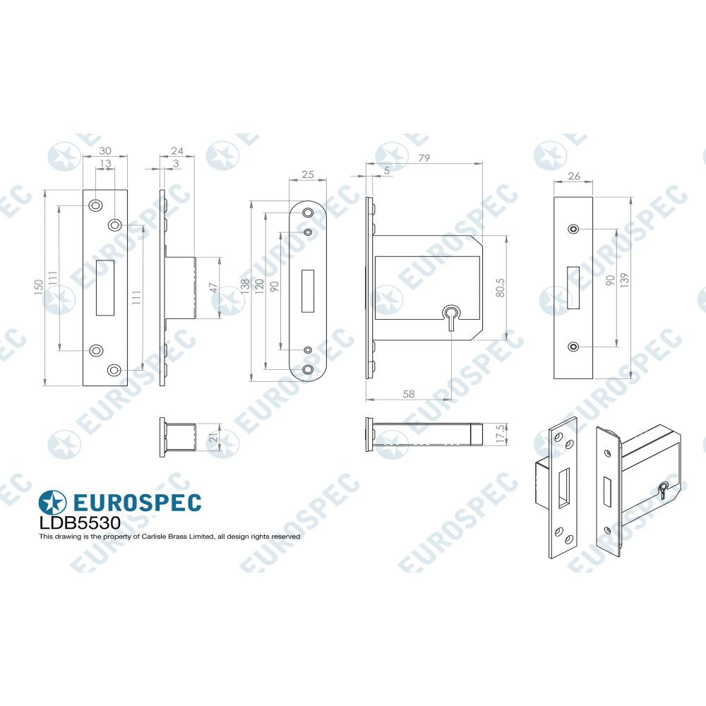 This image is a line drwaing of a Eurospec - Easi T 5 Lever BS Deadlock 76mm - SSS available to order from T.H Wiggans Architectural Ironmongery in Kendal