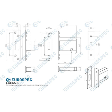 This image is a line drwaing of a Eurospec - Easi T 5 Lever BS Deadlock 76mm - PVD available to order from T.H Wiggans Architectural Ironmongery in Kendal