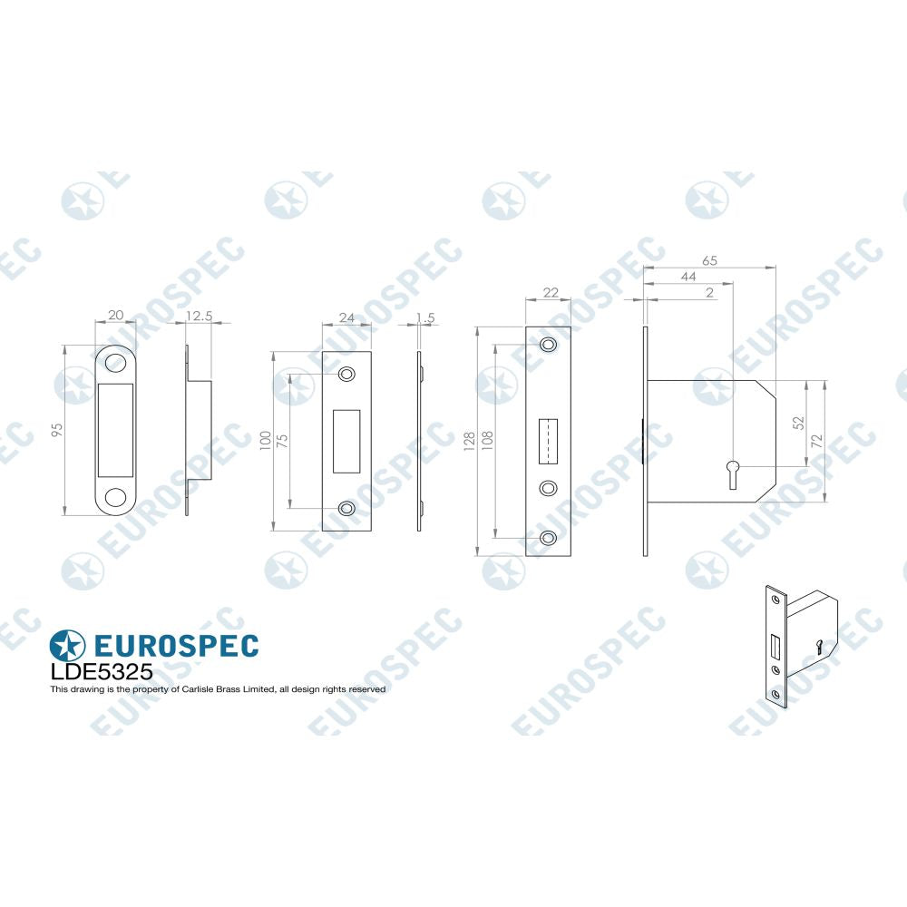 This image is a line drwaing of a Eurospec - 3 Lever Deadlock 64mm - Satin Nickel available to order from T.H Wiggans Architectural Ironmongery in Kendal