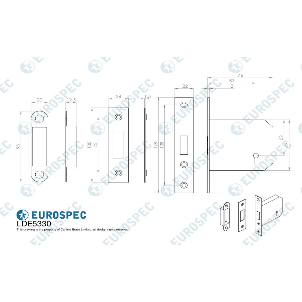 This image is a line drwaing of a Eurospec - 3 Lever Deadlock 76mm - Satin Nickel available to order from T.H Wiggans Architectural Ironmongery in Kendal