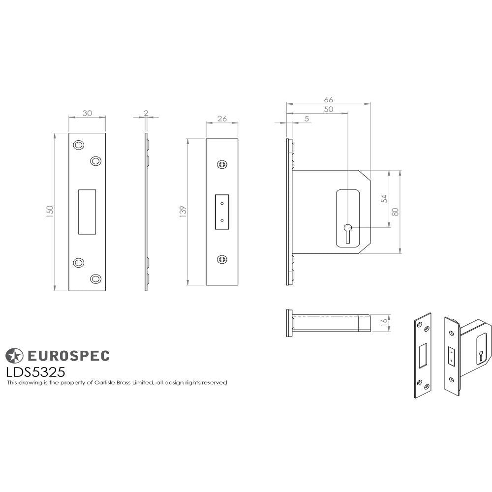 This image is a line drwaing of a Eurospec - Easi-T 3 Lever Deadlock 64mm - Satin Stainless Steel available to order from T.H Wiggans Architectural Ironmongery in Kendal