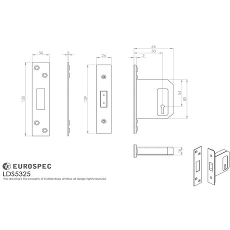 This image is a line drwaing of a Eurospec - Easi-T 3 Lever Deadlock 64mm - Satin Stainless Steel available to order from T.H Wiggans Architectural Ironmongery in Kendal