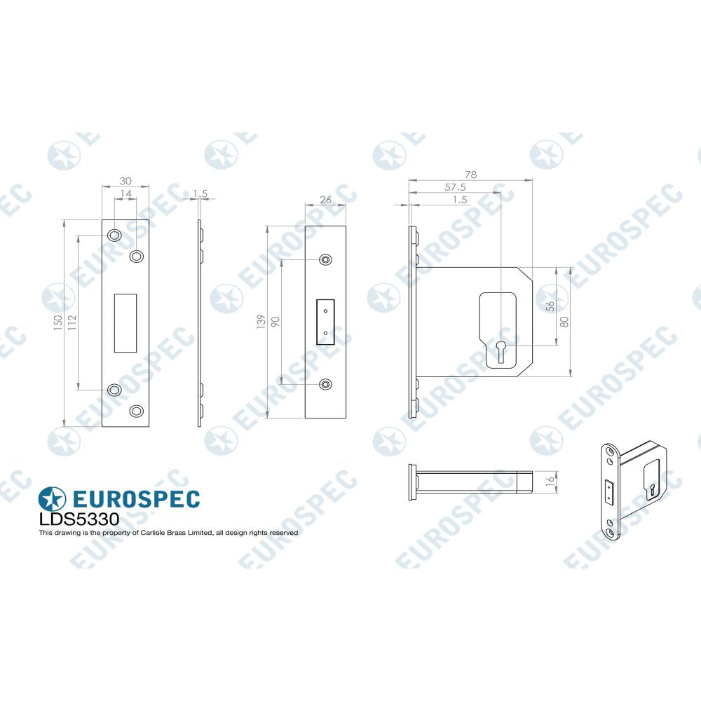 This image is a line drwaing of a Eurospec - Easi-T 3 Lever Deadlock 76mm - Satin Stainless Steel available to order from T.H Wiggans Architectural Ironmongery in Kendal