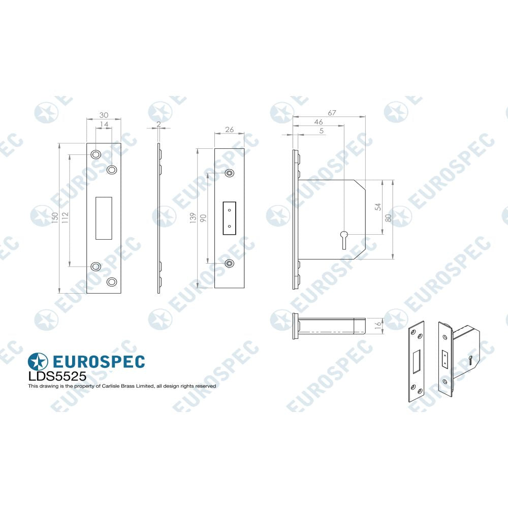 This image is a line drwaing of a Eurospec - Easi-T 5 Lever Deadlock 64mm - Satin Stainless Steel available to order from T.H Wiggans Architectural Ironmongery in Kendal