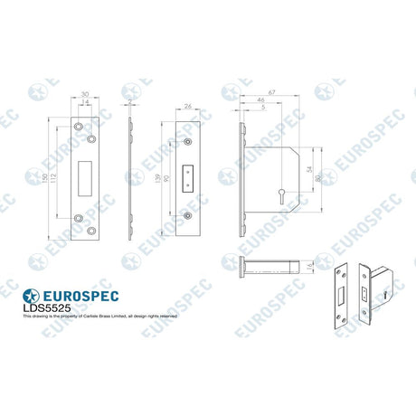 This image is a line drwaing of a Eurospec - Easi-T 5 Lever Deadlock 64mm - Satin Stainless Steel available to order from T.H Wiggans Architectural Ironmongery in Kendal