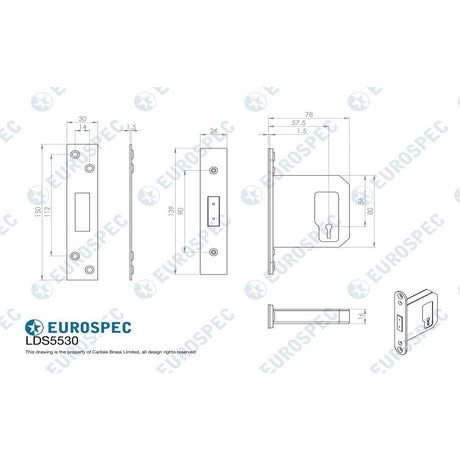 This image is a line drwaing of a Eurospec - Easi-T 5 Lever Deadlock 76mm - Satin Stainless Steel available to order from T.H Wiggans Architectural Ironmongery in Kendal