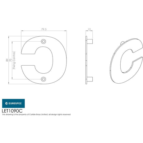 This image is a line drwaing of a Eurospec - Stainless Steel Letters. (Letter C) - Satin Stainless Steel available to order from Trade Door Handles in Kendal