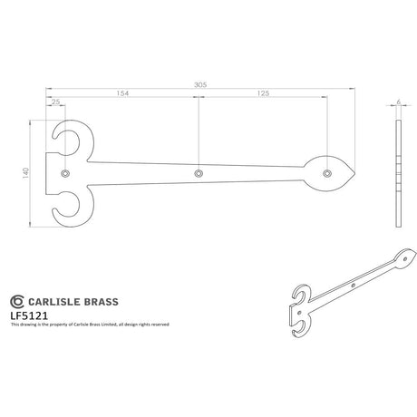 This image is a line drwaing of a Ludlow - Sword Hinge Front 306mm - Black Antique available to order from T.H Wiggans Architectural Ironmongery in Kendal