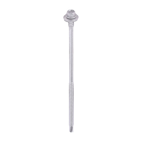 This is an image showing TIMCO Metal Construction Composite Panel Screws - Hex - EPDM Washer - Self-Drilling - Exterior - Silver Organic - 5.5/6.3 x 150 - 100 Pieces Box available from T.H Wiggans Ironmongery in Kendal, quick delivery at discounted prices.