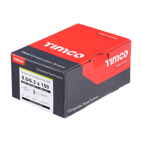 This is an image showing TIMCO Metal Construction Composite Panel Screws - Hex - EPDM Washer - Self-Drilling - Exterior - Silver Organic - 5.5/6.3 x 150 - 100 Pieces Box available from T.H Wiggans Ironmongery in Kendal, quick delivery at discounted prices.