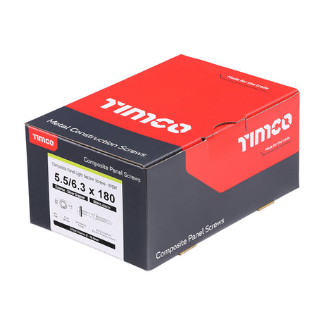 This is an image showing TIMCO Metal Construction Composite Panel Screws - Hex - EPDM Washer - Self-Drilling - Exterior - Silver Organic - 5.5/6.3 x 180 - 50 Pieces Box available from T.H Wiggans Ironmongery in Kendal, quick delivery at discounted prices.