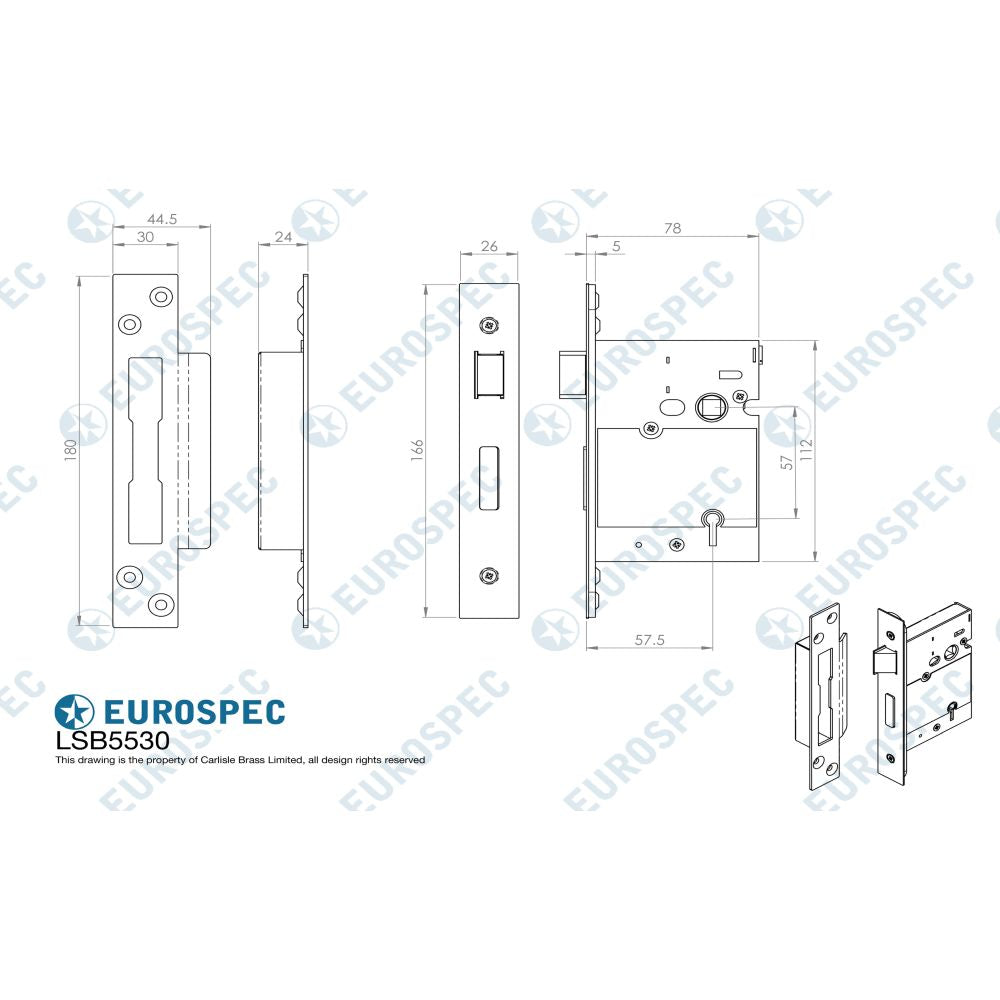 This image is a line drwaing of a Eurospec - Easi T 5 Lever BS Sashlock 76mm - PVD available to order from T.H Wiggans Architectural Ironmongery in Kendal