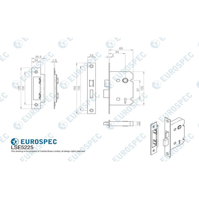 This image is a line drwaing of a Eurospec - Contract 2 Lever Sashlock Rebated 64mm - Satin Nickel available to order from T.H Wiggans Architectural Ironmongery in Kendal