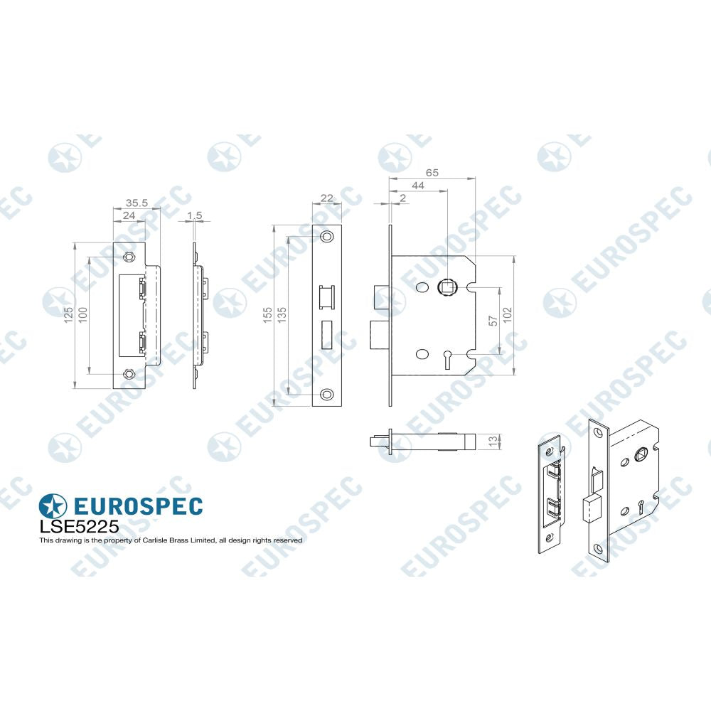 This image is a line drwaing of a Eurospec - Contract 2 Lever Sashlock Rebated 64mm - Nickel Plate available to order from T.H Wiggans Architectural Ironmongery in Kendal