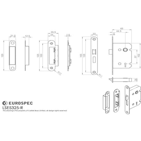 This image is a line drwaing of a Eurospec - Contract 3 Lever Sashlock Radius 64mm - Satin Nickel available to order from T.H Wiggans Architectural Ironmongery in Kendal