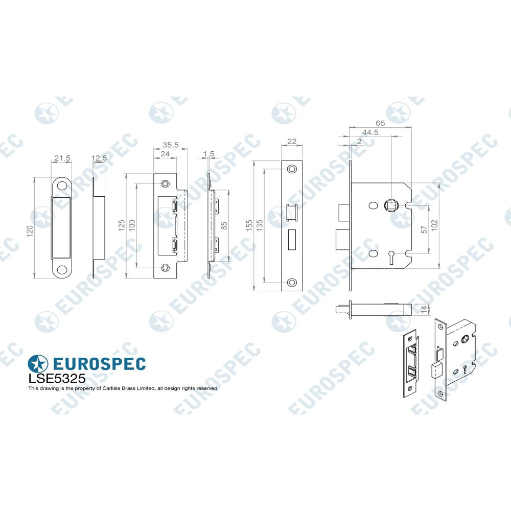 This image is a line drwaing of a Eurospec - Contract 3 Lever Sashlock 64mm - Electro Brassed available to order from T.H Wiggans Architectural Ironmongery in Kendal