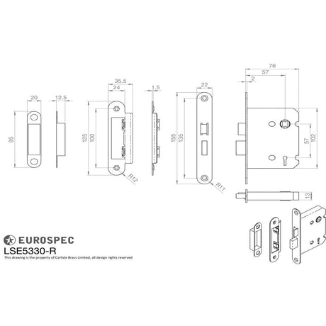 This image is a line drwaing of a Eurospec - Contract 3 Lever Sashlock Radius 76mm - Satin Nickel available to order from T.H Wiggans Architectural Ironmongery in Kendal