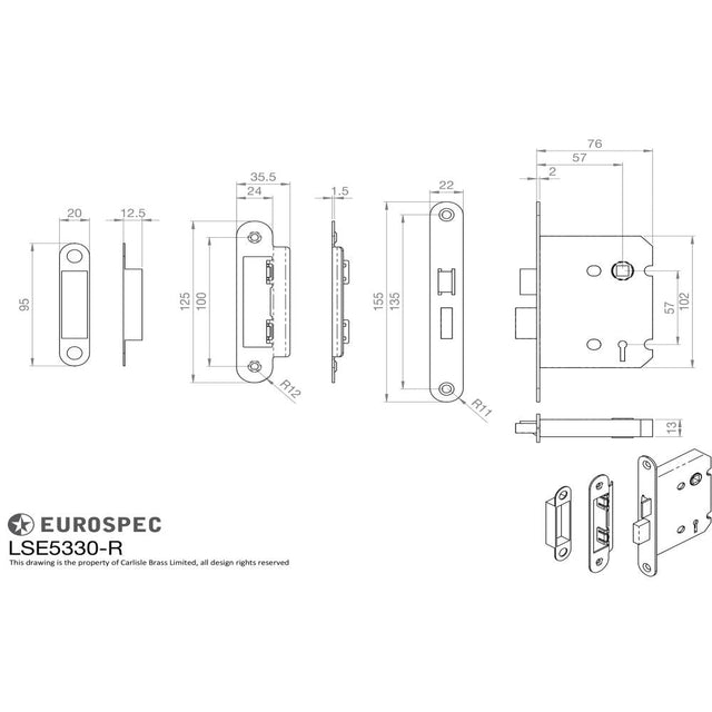 This image is a line drwaing of a Eurospec - Contract 3 Lever Sashlock Radius 76mm - Satin Nickel available to order from T.H Wiggans Architectural Ironmongery in Kendal