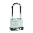 This is an image showing TIMCO Laminated Padlock Long Shackle - 40mm - 1 Each Blister Pack available from T.H Wiggans Ironmongery in Kendal, quick delivery at discounted prices.