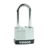 This is an image showing TIMCO Laminated Padlock Long Shackle - 40mm - 1 Each Blister Pack available from T.H Wiggans Ironmongery in Kendal, quick delivery at discounted prices.