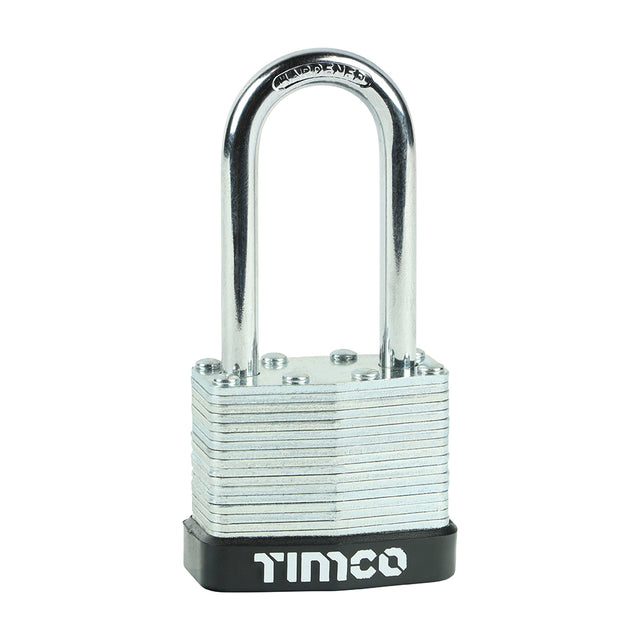 This is an image showing TIMCO Laminated Padlock Long Shackle - 40mm - 1 Each Blister Pack available from T.H Wiggans Ironmongery in Kendal, quick delivery at discounted prices.