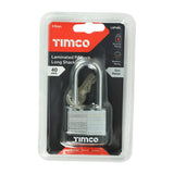 This is an image showing TIMCO Laminated Padlock Long Shackle - 40mm - 1 Each Blister Pack available from T.H Wiggans Ironmongery in Kendal, quick delivery at discounted prices.