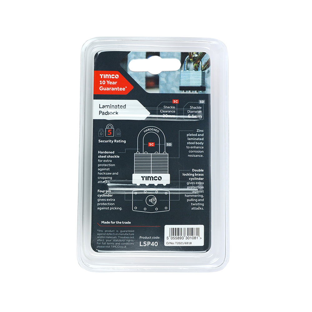 This is an image showing TIMCO Laminated Padlock - 40mm - 1 Each Blister Pack available from T.H Wiggans Ironmongery in Kendal, quick delivery at discounted prices.