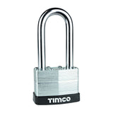 This is an image showing TIMCO Laminated Padlock Long Shackle - 50mm - 1 Each Blister Pack available from T.H Wiggans Ironmongery in Kendal, quick delivery at discounted prices.