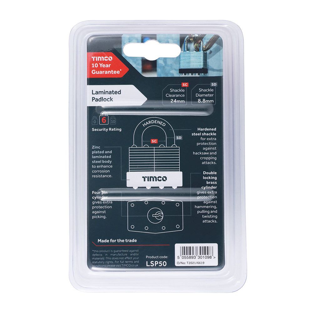 This is an image showing TIMCO Laminated Padlock - 50mm - 1 Each Blister Pack available from T.H Wiggans Ironmongery in Kendal, quick delivery at discounted prices.