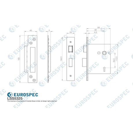 This image is a line drwaing of a Eurospec - 3 Lever Sashlock 64mm - Satin Stainless Steel available to order from T.H Wiggans Architectural Ironmongery in Kendal