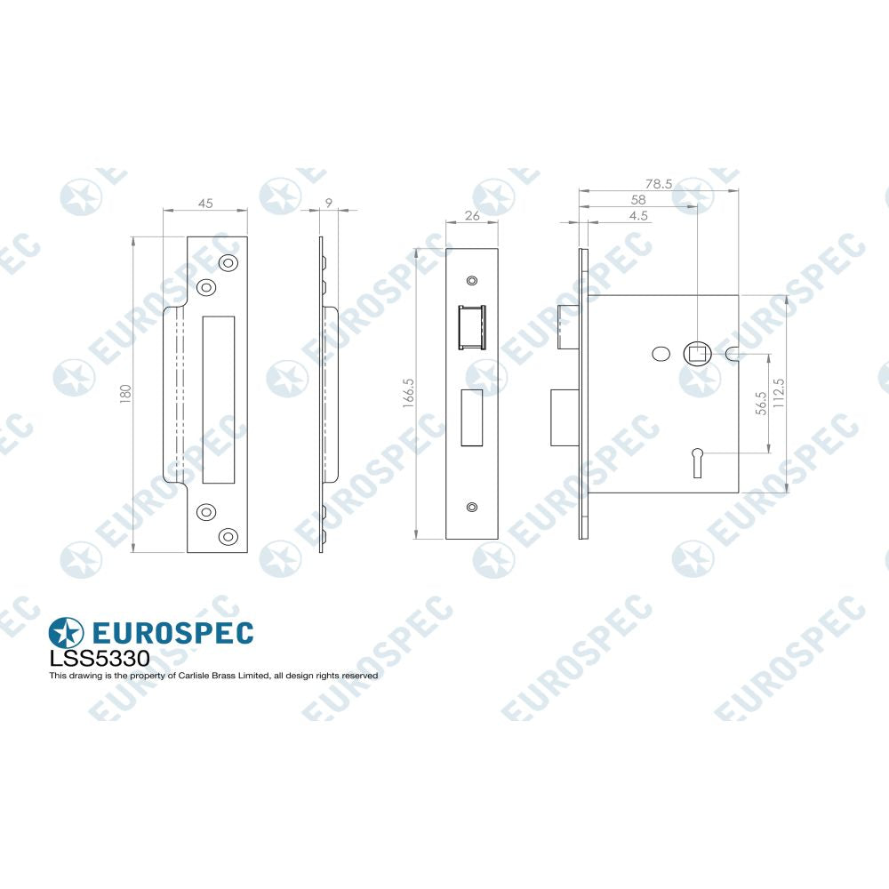 This image is a line drwaing of a Eurospec - 3 Lever Sashlock 76mm - Satin Stainless Steel available to order from T.H Wiggans Architectural Ironmongery in Kendal